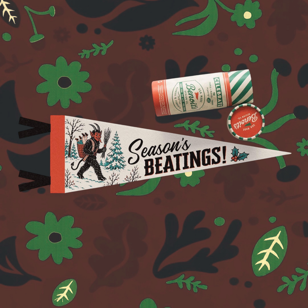 Forager Provisions LTD Krampus felt pennant featuring Season's Beatings text and matching branded gift tube