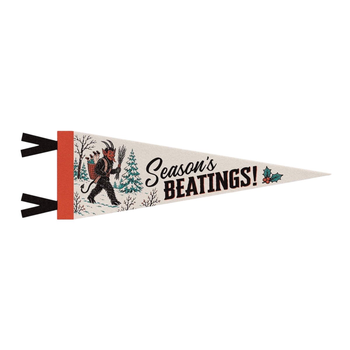 Forager Provisions LTD Season's Beatings Krampus felt pennant with vintage-style festive folklore illustration