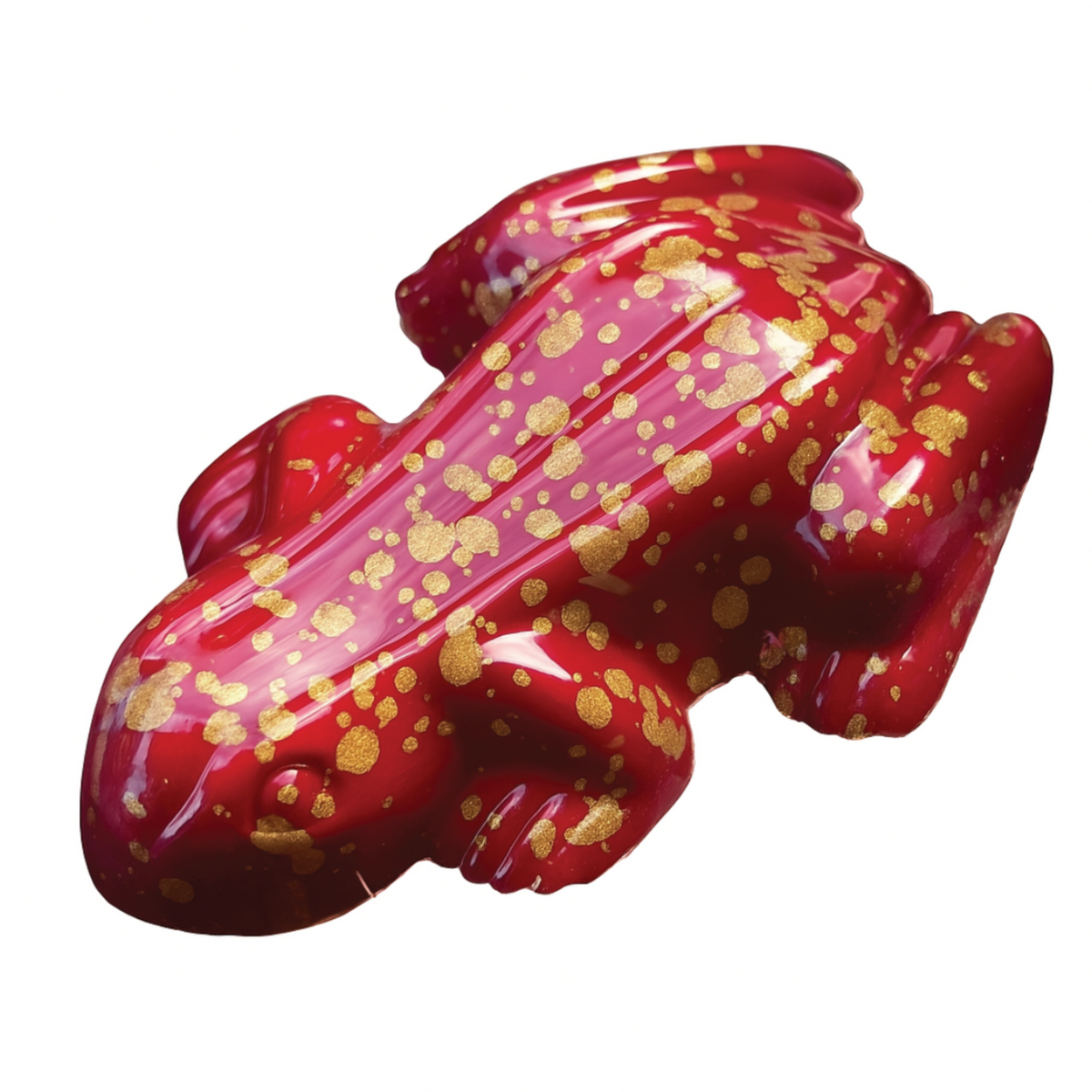 Forager Provisions LTD milk chocolate frog hand-painted in glossy red with metallic gold cocoa butter speckles