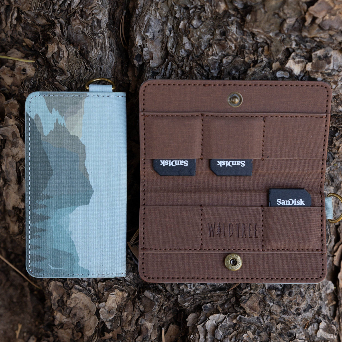 Forager Provisions LTD Wildtree card holder with National Park print, brown interior, and SD card slots on tree bark.