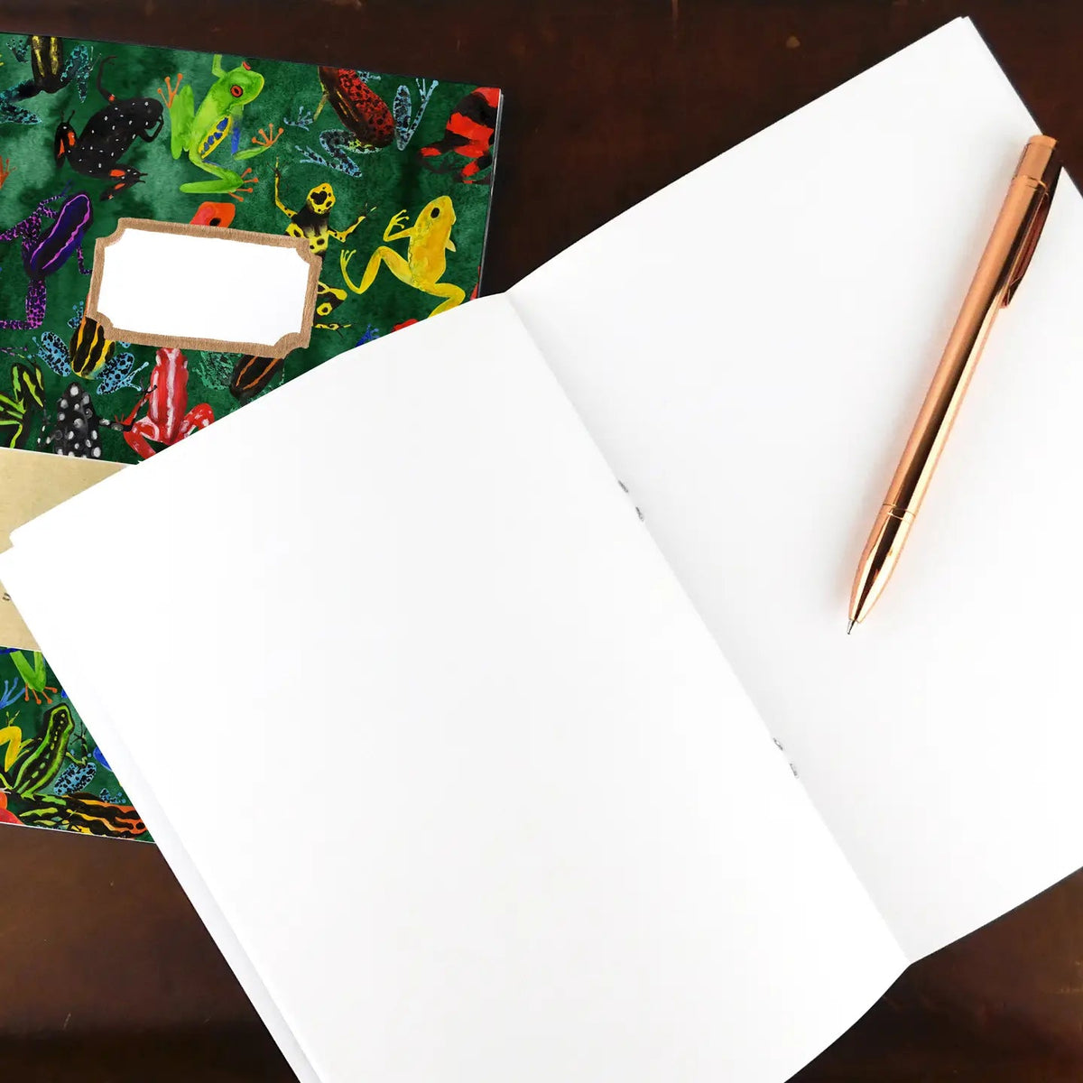 Forager Provisions LTD Bison Bindery A5 recycled notepad with frog illustration and a rose gold pen on open pages