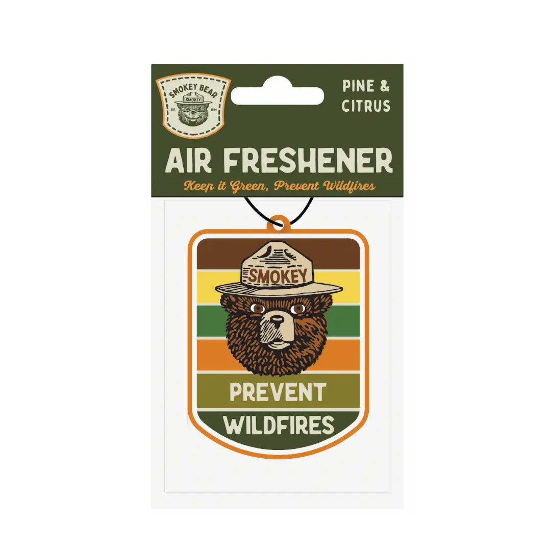 Forager Provisions LTD Smokey Bear hanging air freshener with pine and citrus scent in retro forest-themed packaging.