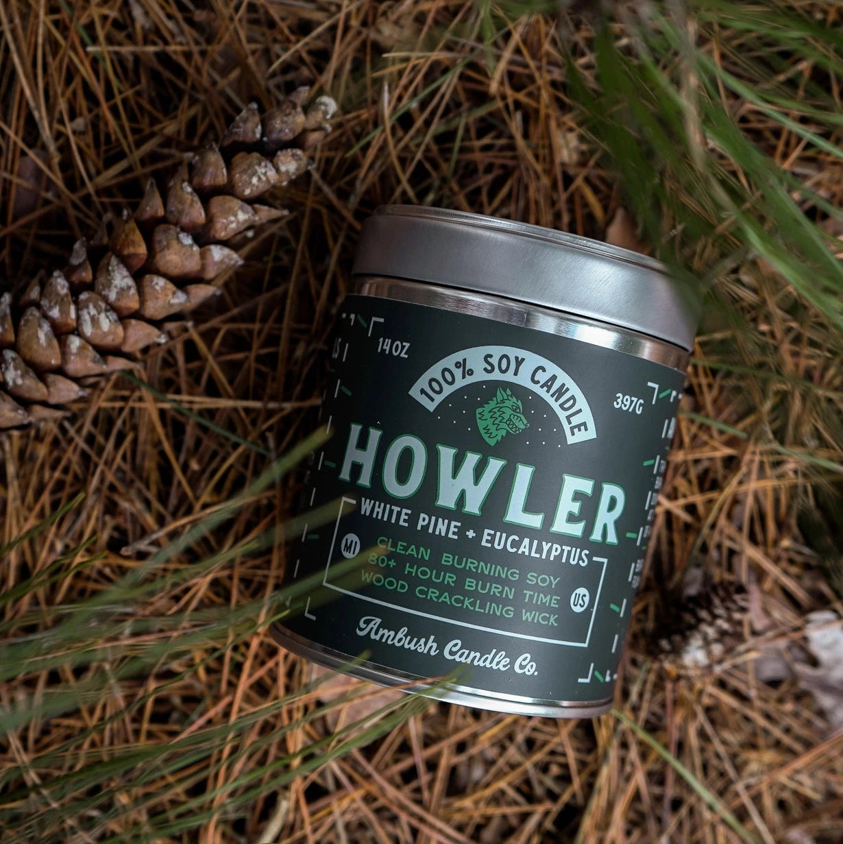Ambush Candle Co 14OZ Howler, White Pine & Eucalyptus, luxury tin candle, cozy forest scent, relaxing home decor ambiance.