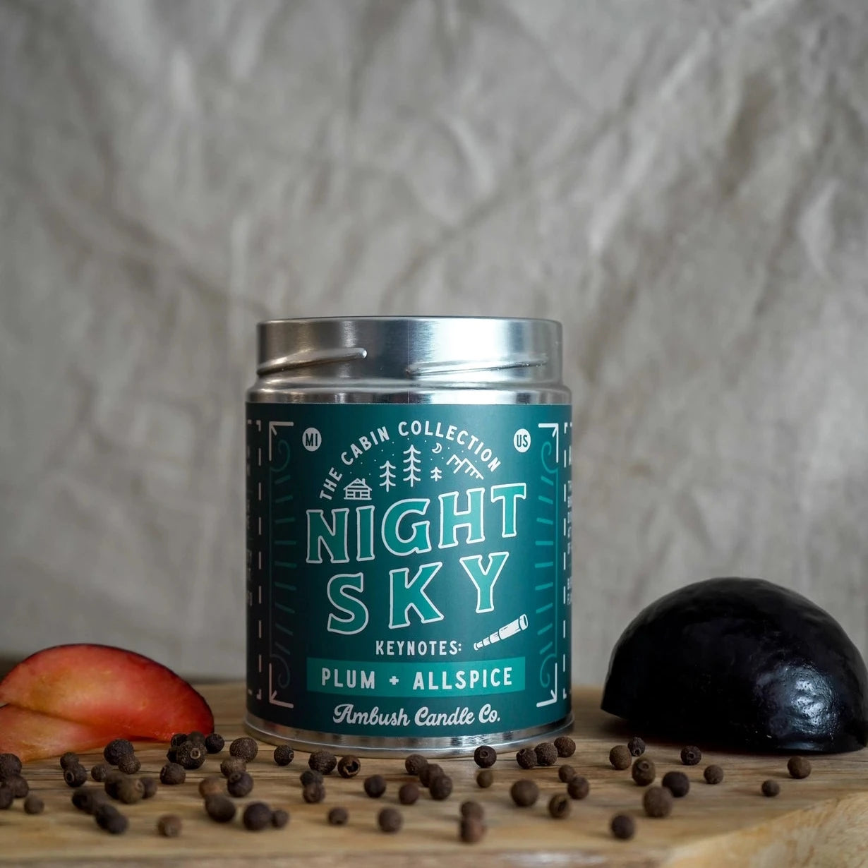 Ambush Candle Co 14oz soy wax candle, Night Sky Plum & All Spice scent, wooden wick, long-lasting home fragrance, cozy decor.