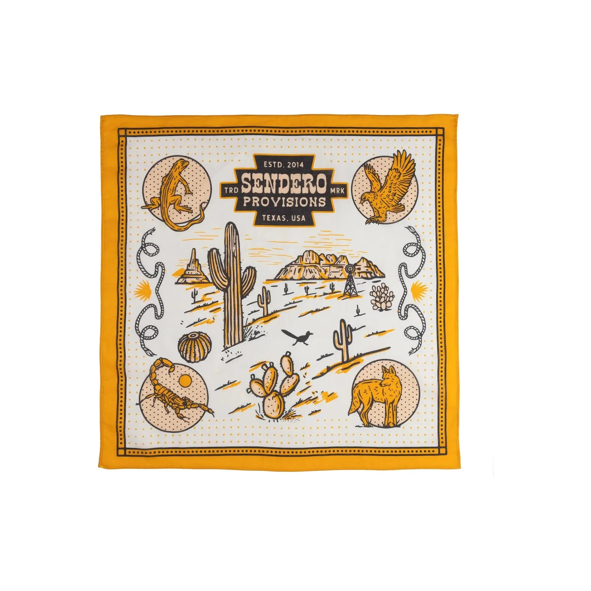 The Sendero Provisions Arenoso Bandana is a yellow and white accessory that showcases southwestern desert illustrations, including a saguaro cactus, along with the text "Sendero Provisions, Estd. 2014, Texas, USA.