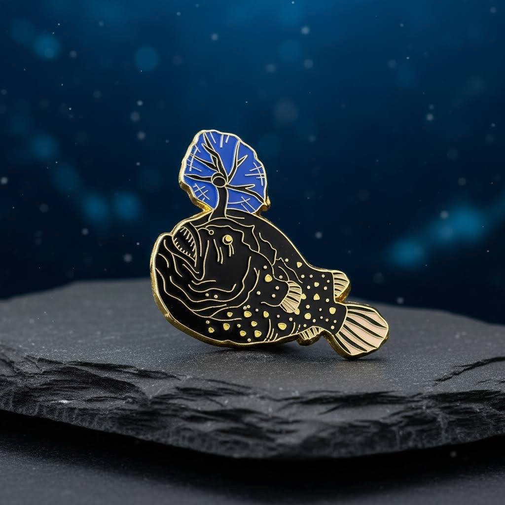 Forager Provisions LTD Atlantic Football Fish enamel pin with black body and blue glowing lure on a stone surface.