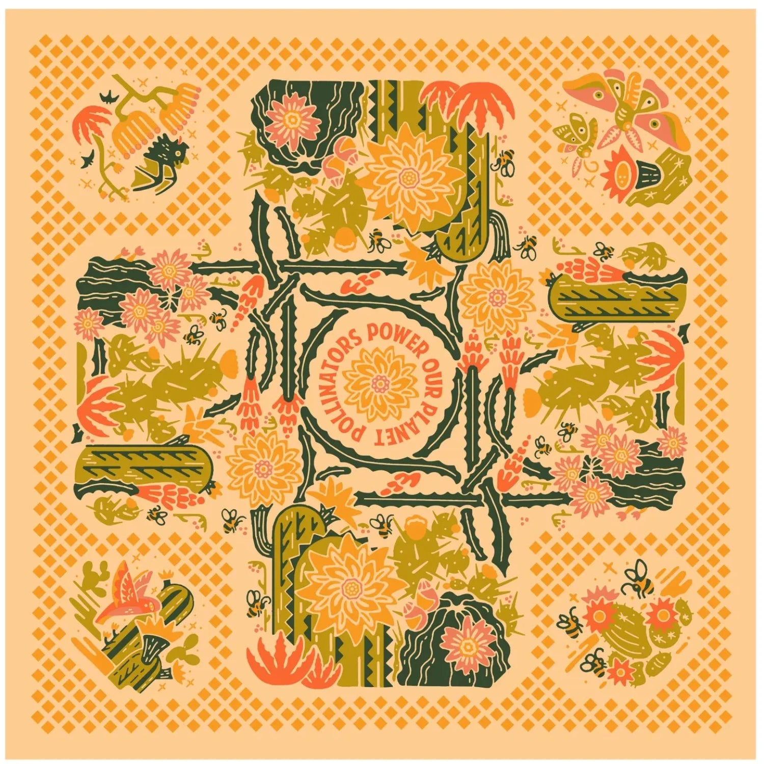 Bandit Bandanas Prickly Pollinators: desert cacti, flowers & animals; “Power Our Planet, Power Our People” bold center text.