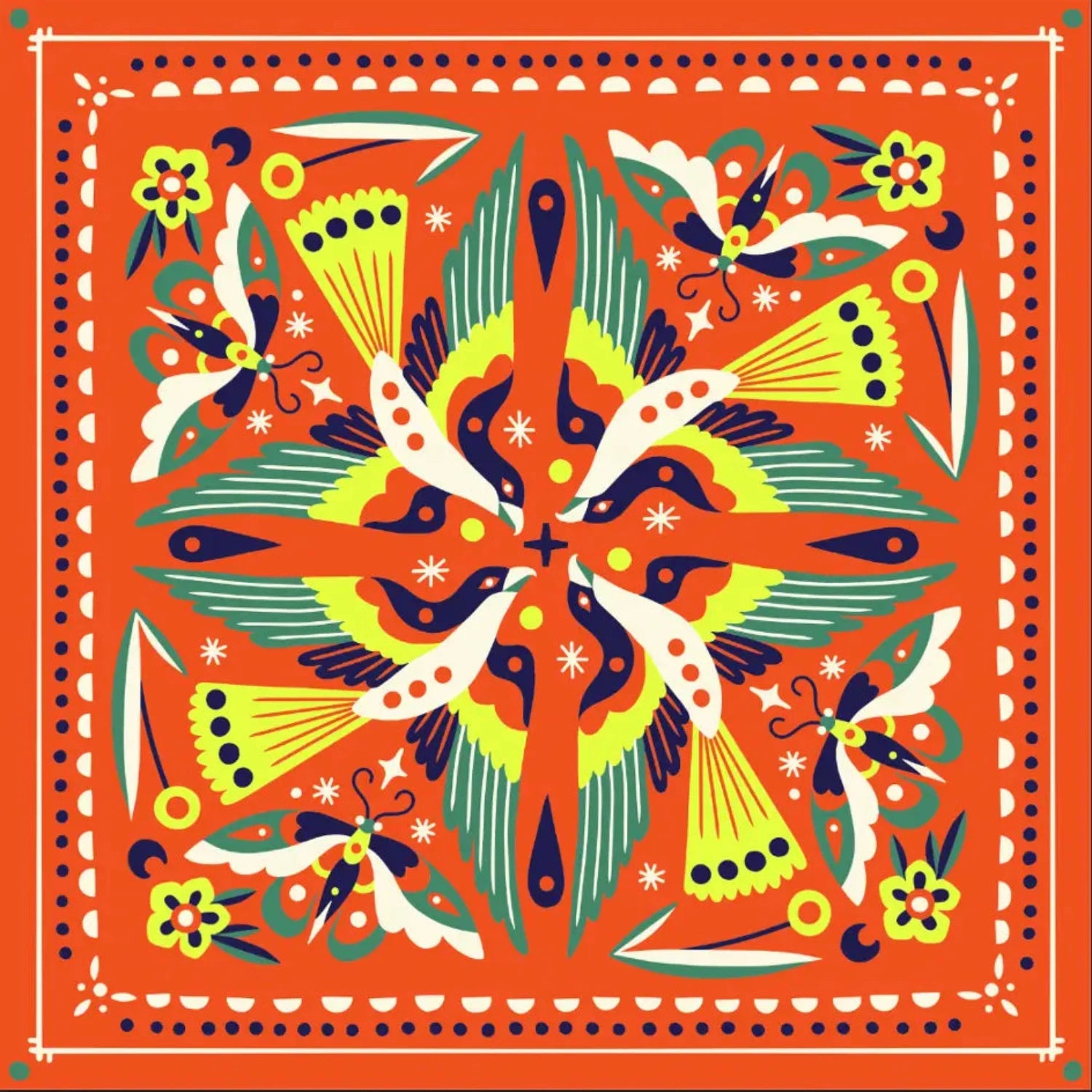 The image depicts the bandana design which features bright colours of orange, yellow, navy and jade with a reflected design of flowers, butterflies and swallows