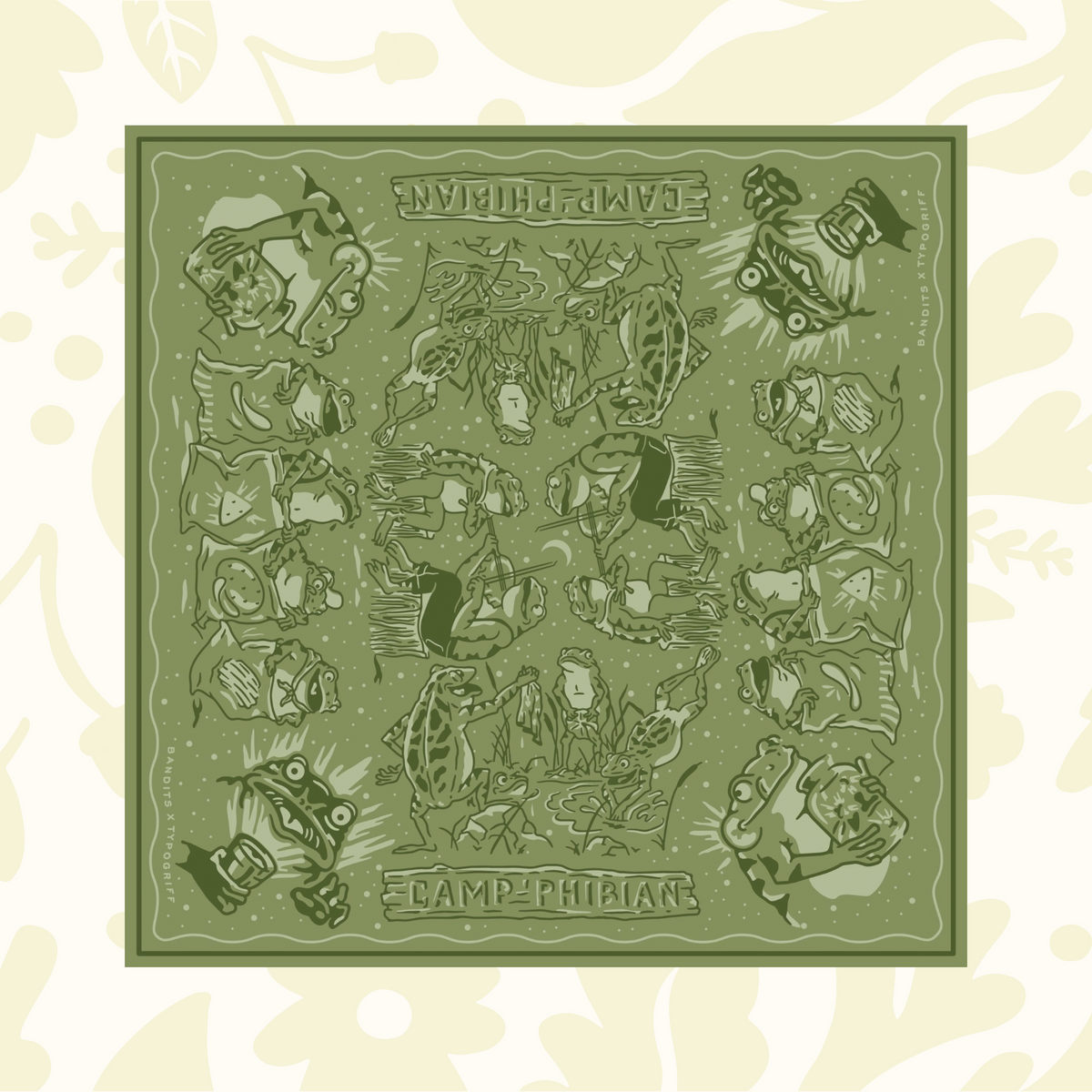 Organic cotton bandana by Bandit Bandanas: camp, cartoon frogs, bugs & people. Ethically handmade in India, eco-friendly.