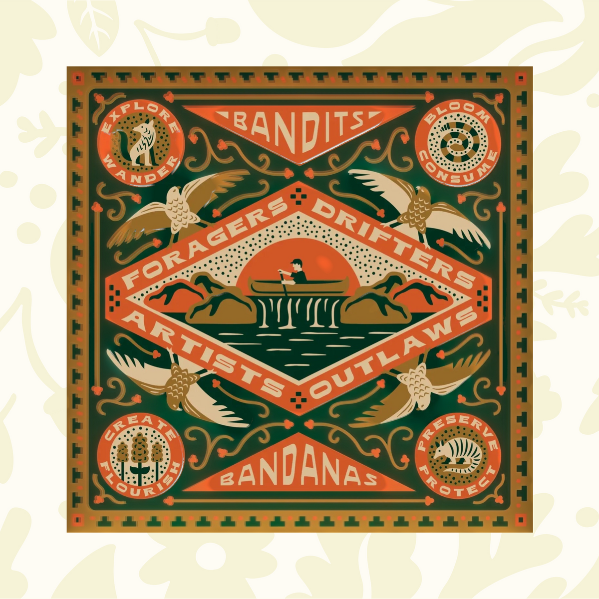 Shop the Bandits Bandanas Greenbelt Foragers Bandana with birds, canoeist, and eco nature text on organic cotton.