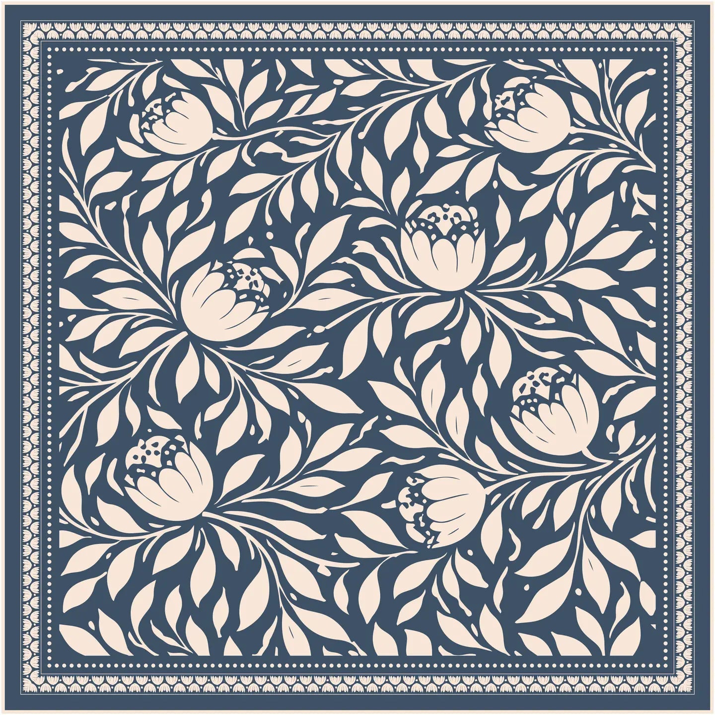 Bandit Bandanas “Still Growing” blue/cream floral square bandana, artist-designed with decorative border.