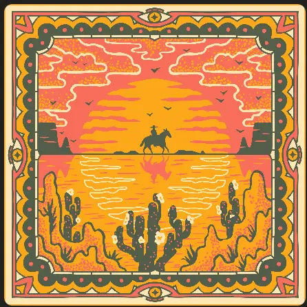 Cowboy riding at sunset among cacti and flying birds on Wild West Bandit Bandanas organic cotton sunset bandana.