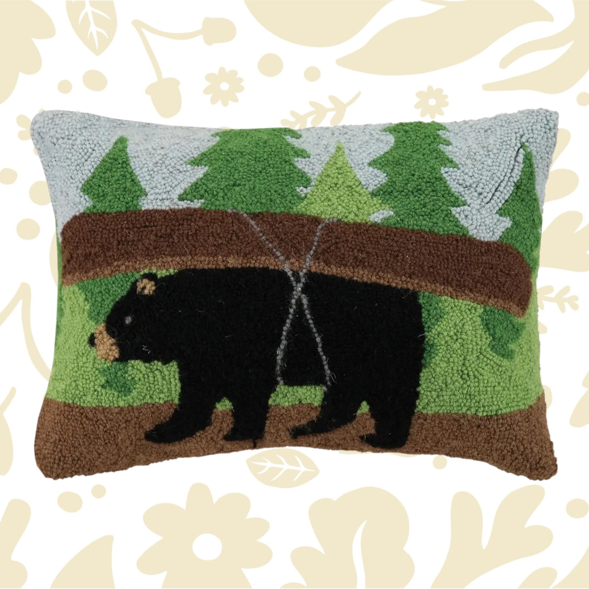 Peking Canoe Bear wool hooked cushion 12x20, rustic lodge decor accent, perfect for cabins and nature-themed rooms.