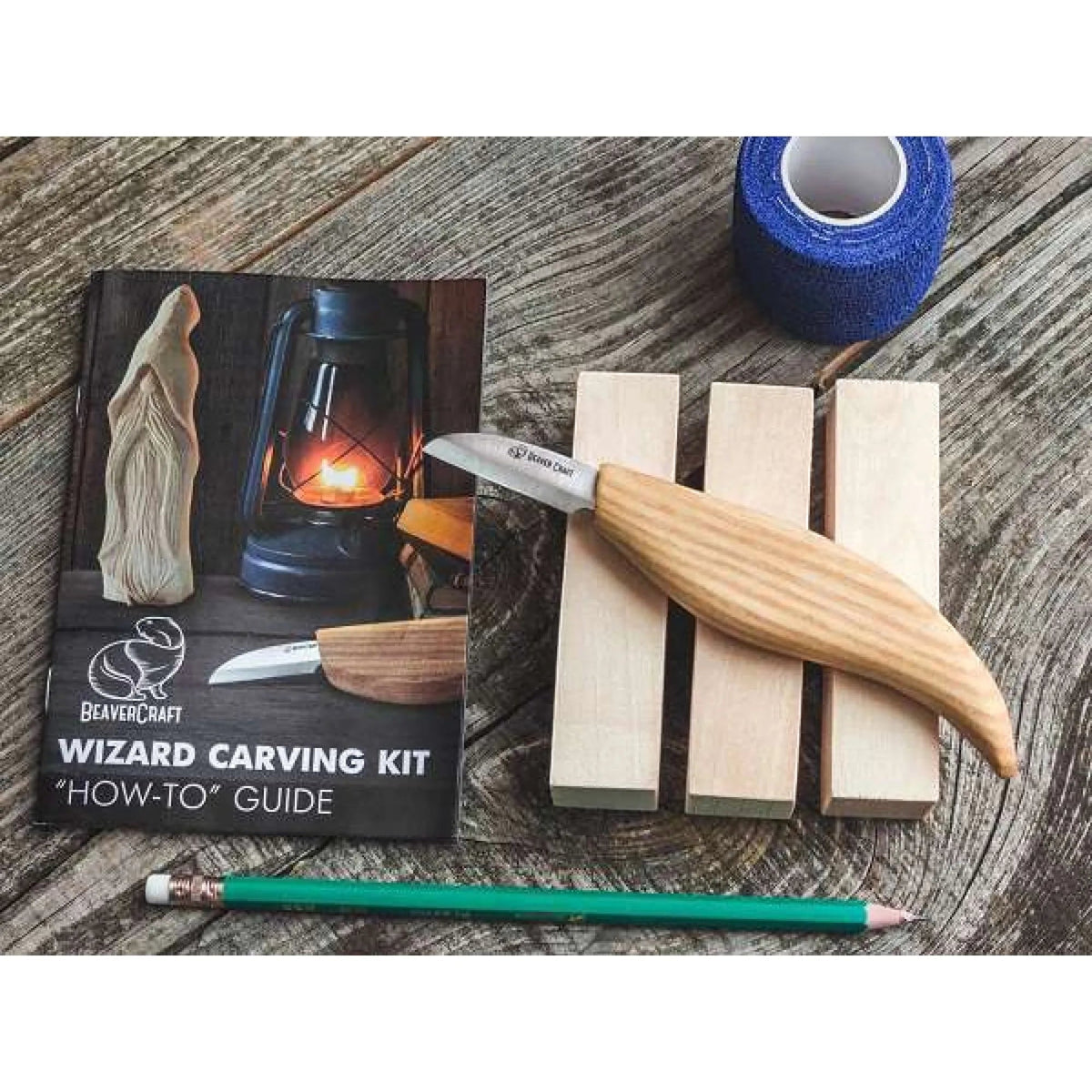 BeaverCraft DIY03 Wizard Carving Kit: wood blocks, carving guide, pencil, blue tape. Best starter set for wood whittling.