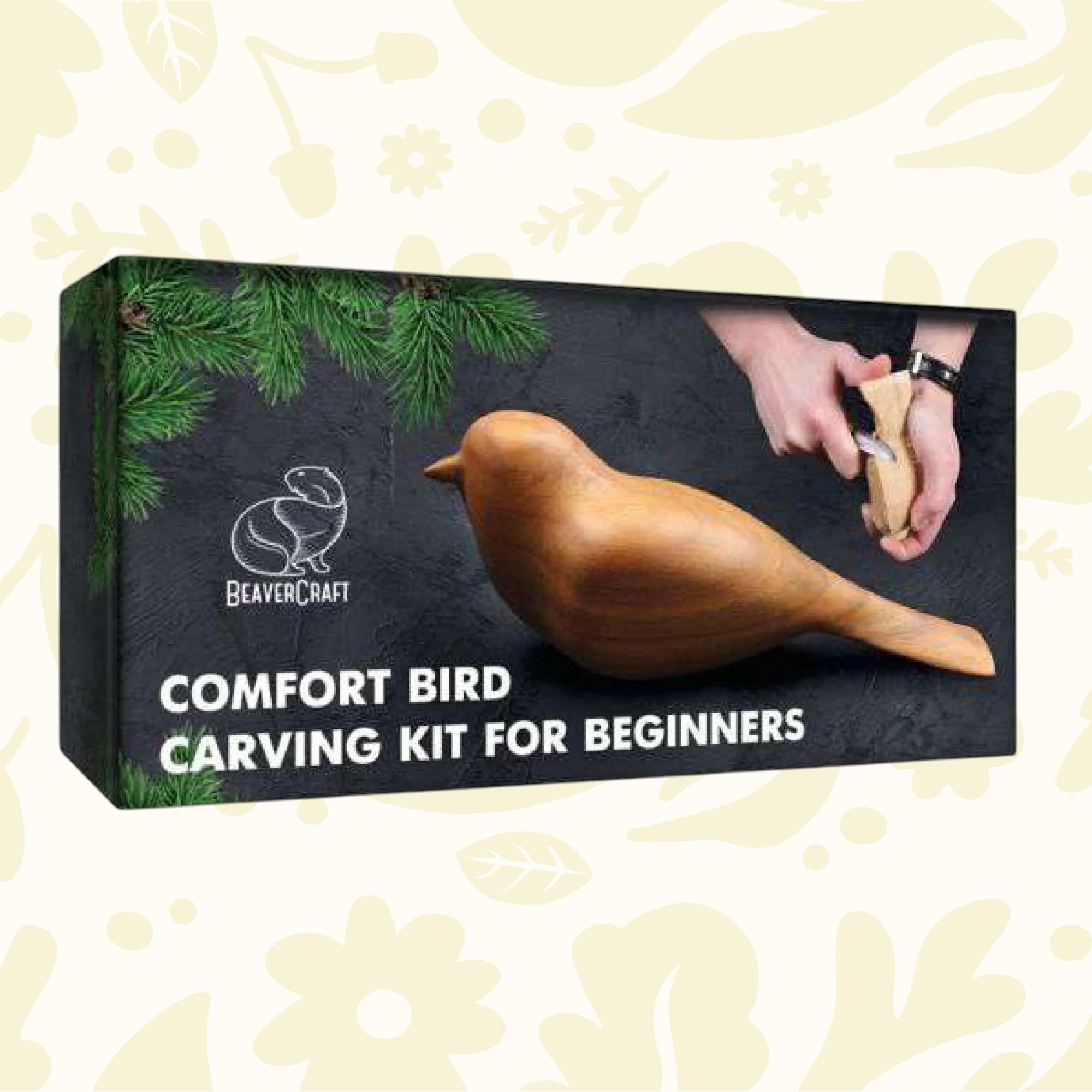 BeaverCraft DIY01 Comfort Bird Wood Carving Kit for adults, 18+ ID required, features wooden bird and hands whittling on front.