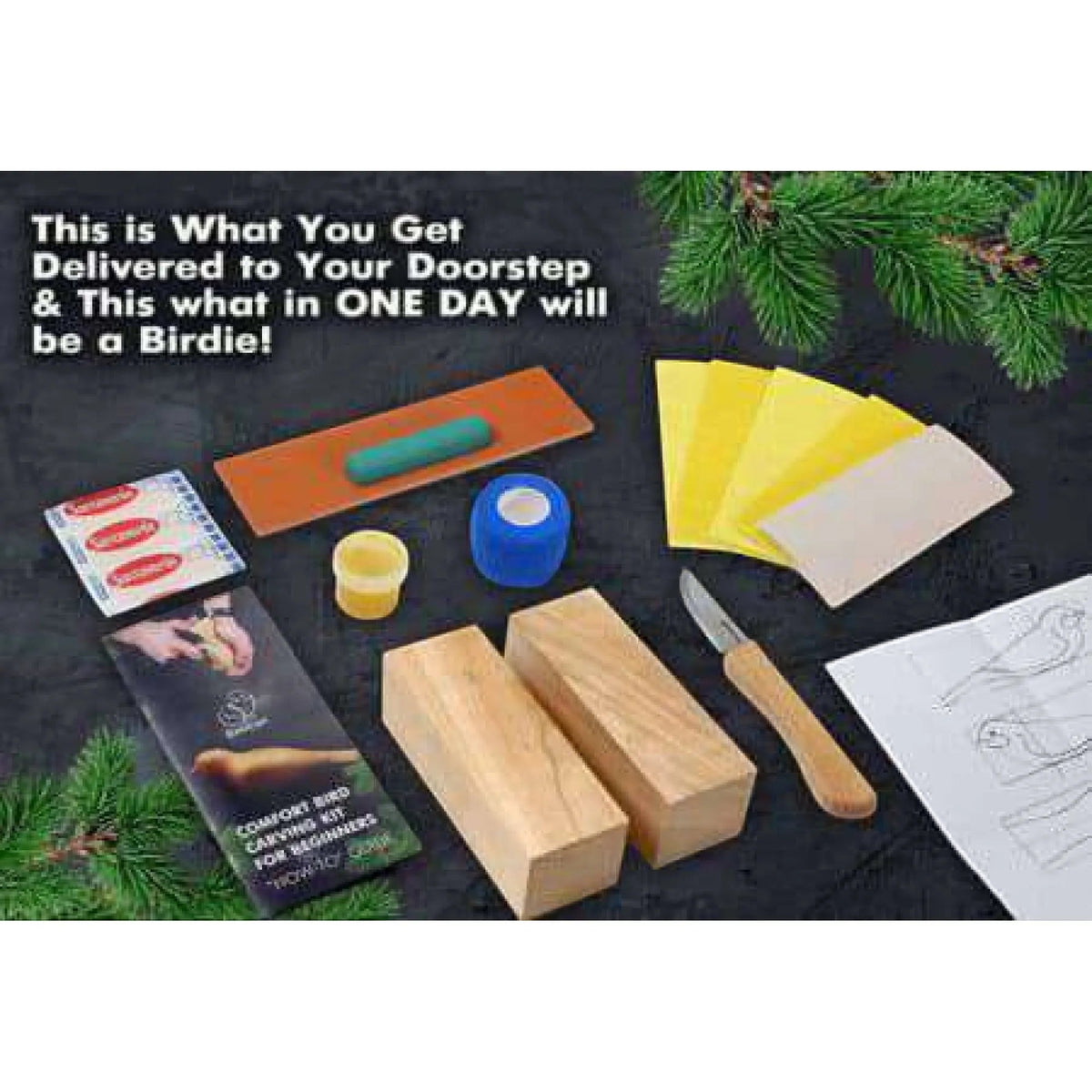 BeaverCraft DIY01 Comfort Bird wood carving kit—blocks, carving knife, paints, guide. Ships to 18+ with ID. Craft tool set.