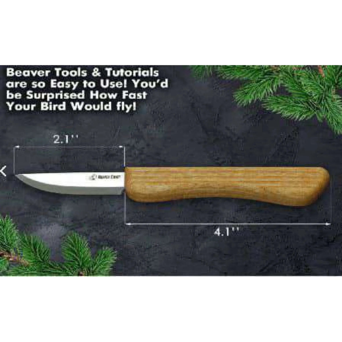 BeaverCraft DIY01 Comfort Bird Kit for beginner wood carving, includes ergonomic wooden knife; set displayed on dark background.