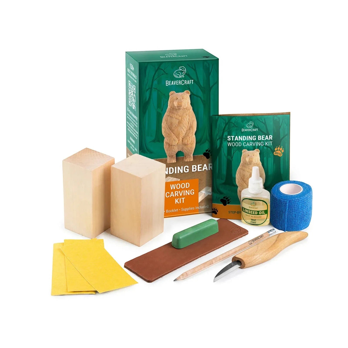 Forager Provisions LTD BeaverCraft DIY12 standing bear wood carving kit with basswood blocks, knife, and accessories.