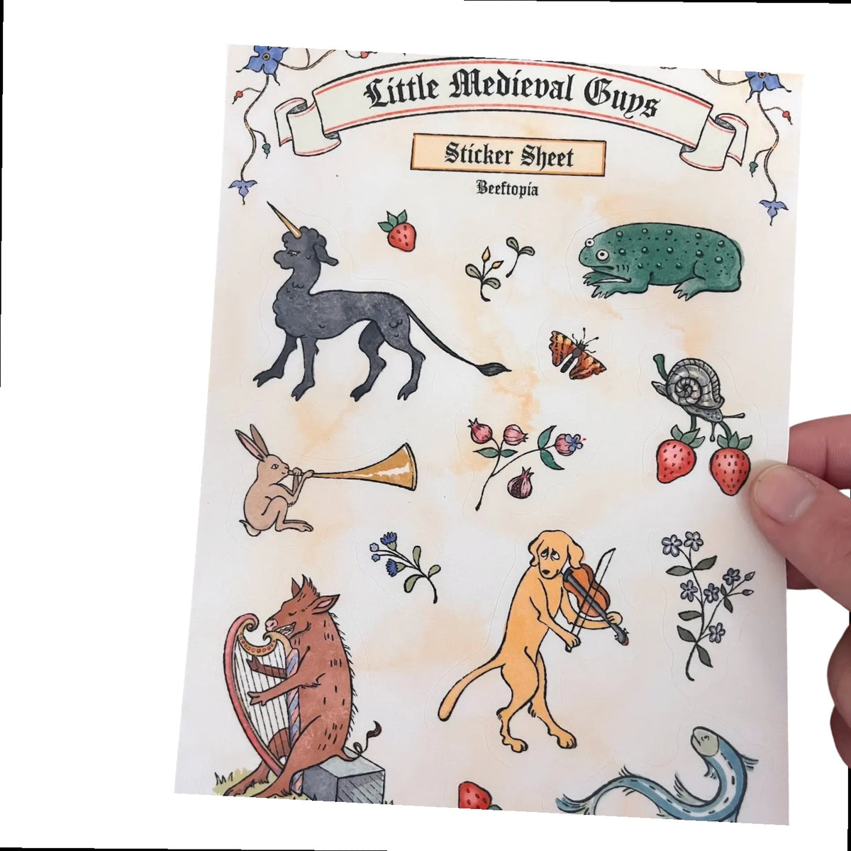Beeftopia waterproof vinyl sticker sheet of cute, whimsical medieval manuscript creatures—perfect for planners, laptops, and crafts.