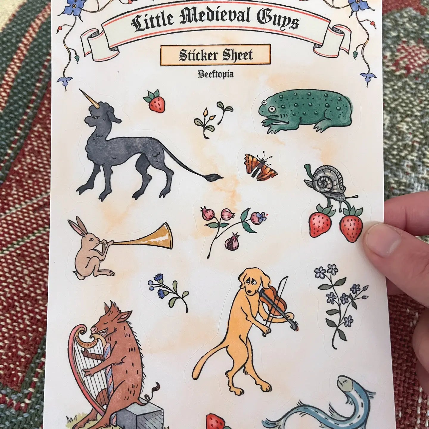 Beeftopia waterproof vinyl sticker sheet of cute, whimsical medieval manuscript creatures—perfect for planners, laptops, and crafts.