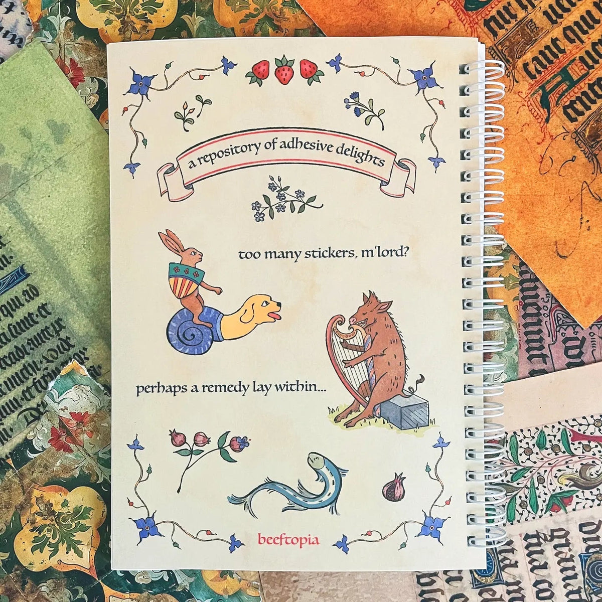 Beeftopia's whimsical reusable sticker book with medieval animal art, ideal for bold sticker collectors and stylish storage.