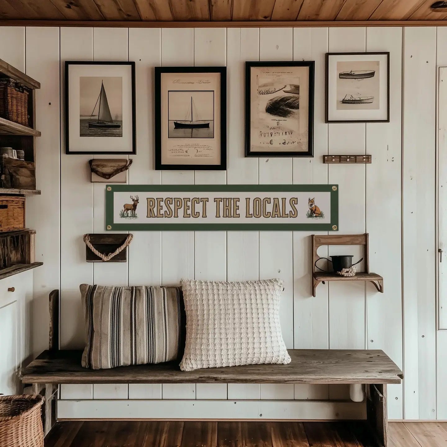 Wooden bench with striped cushions under nautical wall art, rustic decor, and a Benoit Respect Your Locals banner display.