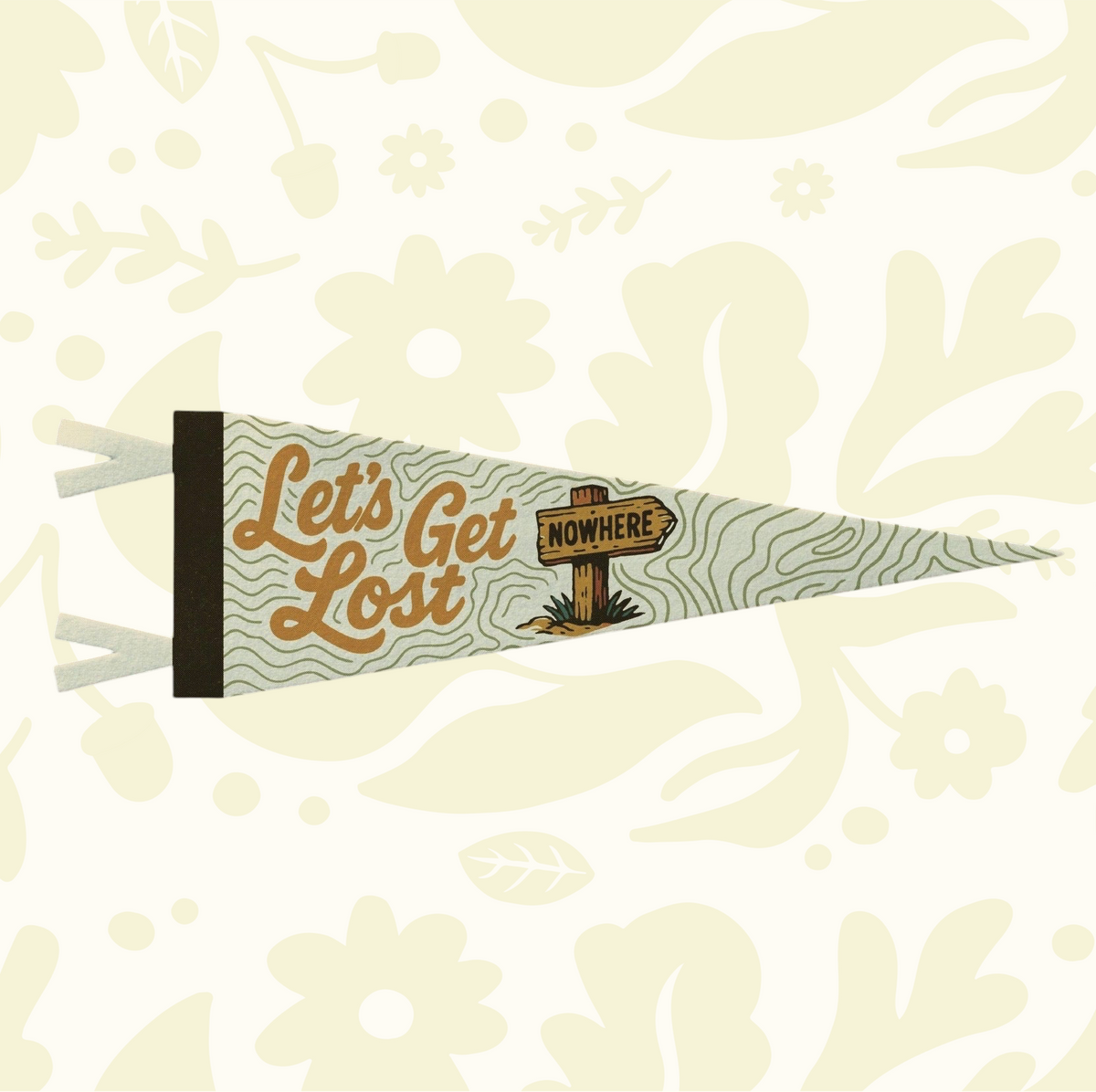 Benoit’s Let’s Get Lost Pennant 8x28.5” brings retro camp flag decor to your wall; perfect vintage touch for home styling.