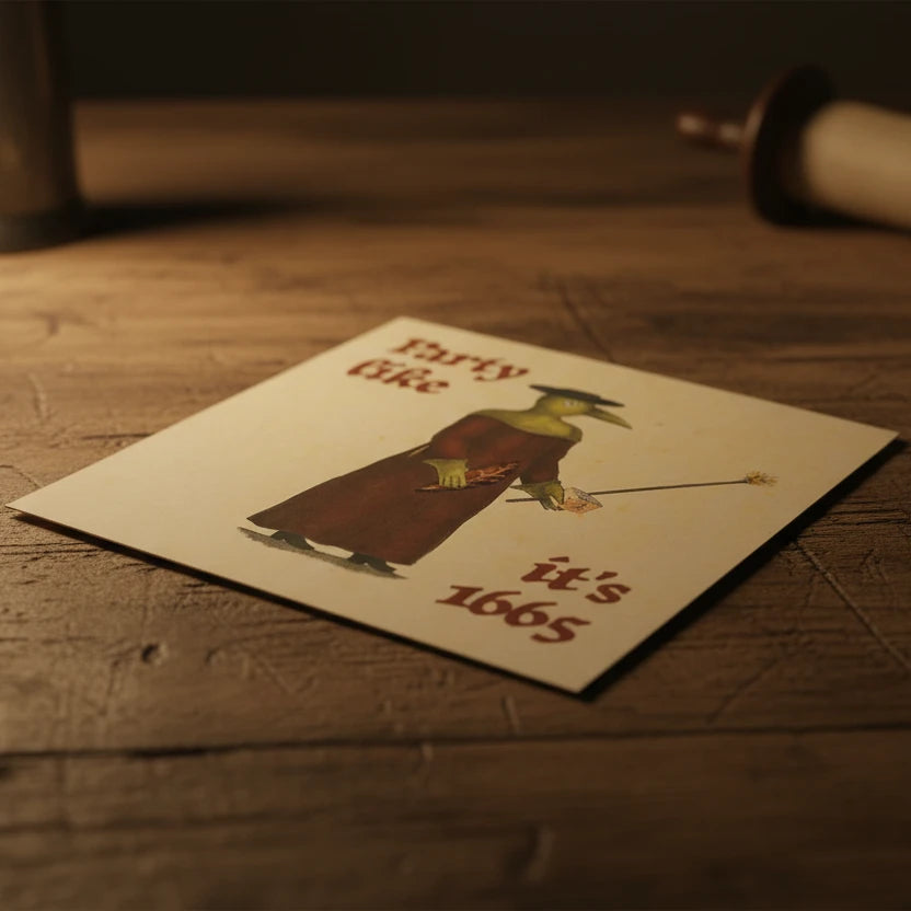 Funny medieval greeting card by Betiobca: “Party Like It’s 1665” with plague doctor art, ideal gift for history lovers.