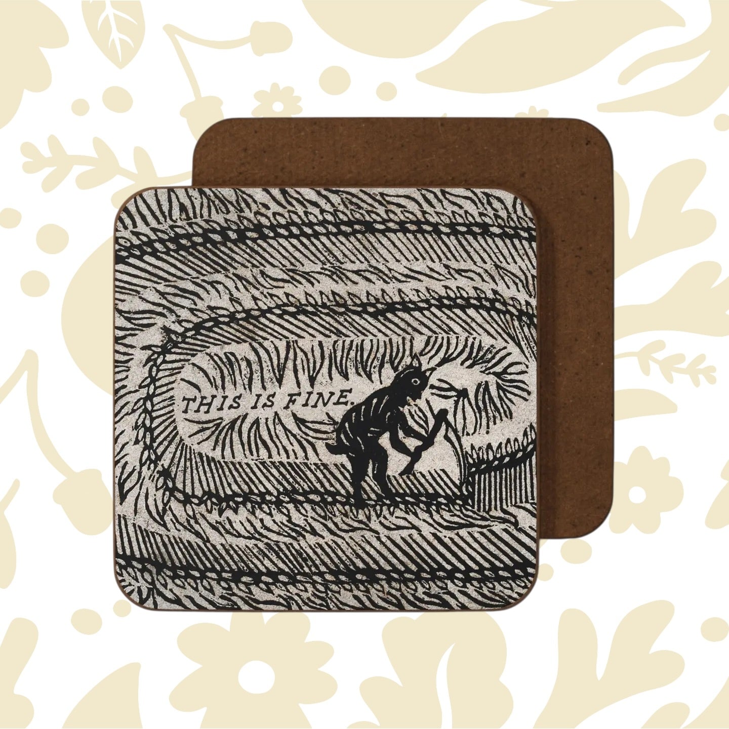 Betiobca This Is Fine Folklore Devil Coaster—funny, unique dark humor gift with quirky devil art; perfect for home decor.