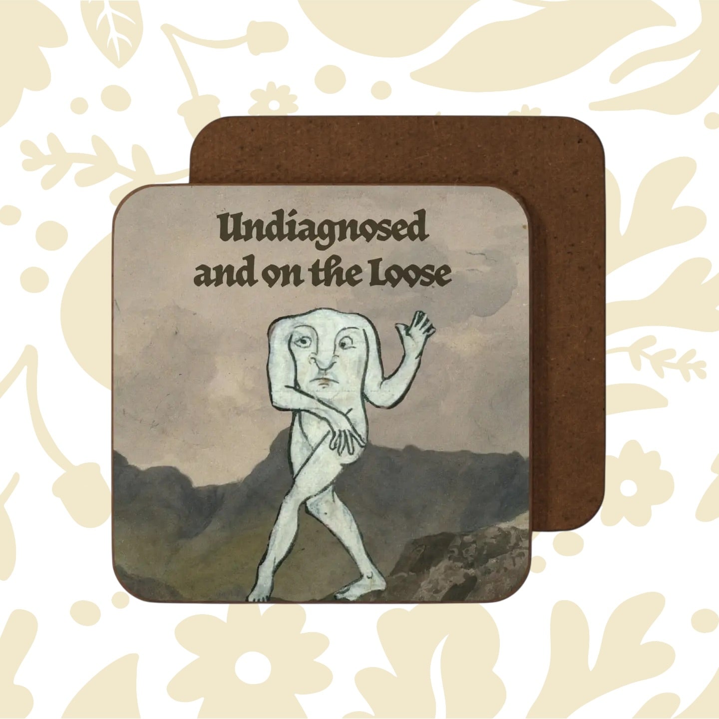 Shop the Betiobca Undiagnosed and On the Loose Coaster with surreal walking face art over dreamy cloudy sky design.