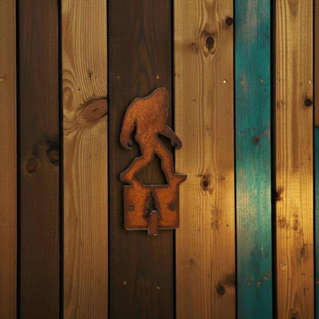 Forager Provisions LTD rustic steel Bigfoot wall hook mounted on a vertical wooden plank wall