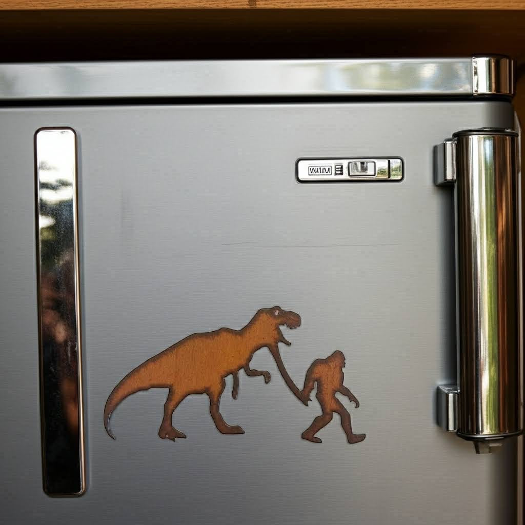 Forager Provisions LTD rustic steel magnet featuring a T-Rex dinosaur holding hands with Bigfoot on a silver fridge.