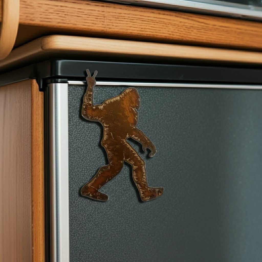 Forager Provisions LTD rustic steel Bigfoot magnet flashing a peace sign attached to a dark refrigerator door