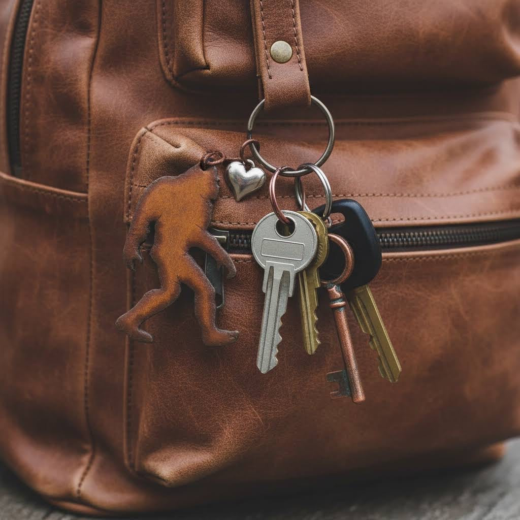 Forager Provisions LTD rustic steel Bigfoot keychain and heart charm attached to a brown leather rucksack