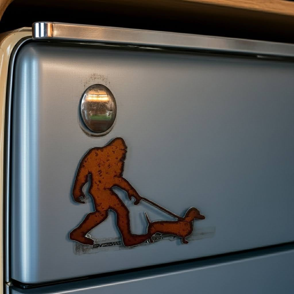 Forager Provisions LTD rustic steel magnet featuring Bigfoot walking a sausage dog on a silver refrigerator door.