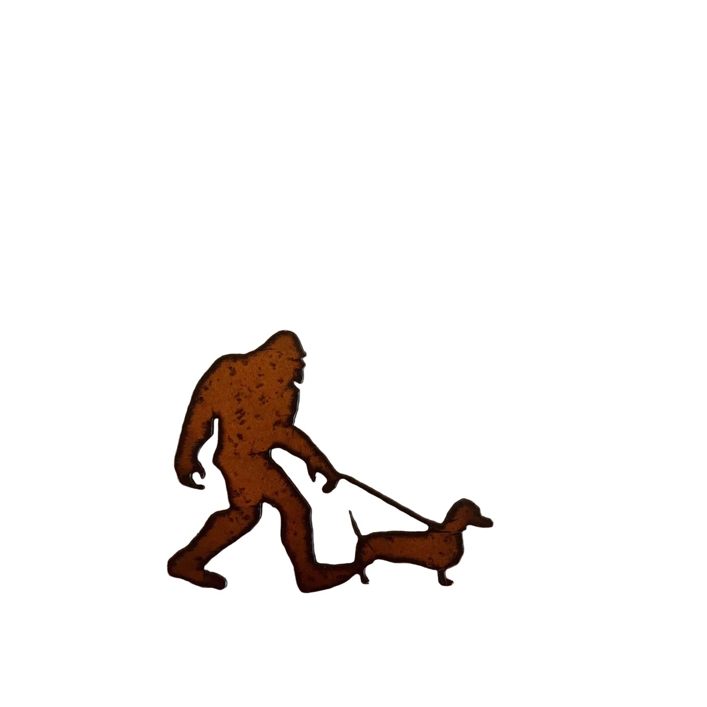 Metallic brown silhouette of a person walking a dog on a leash against a white background