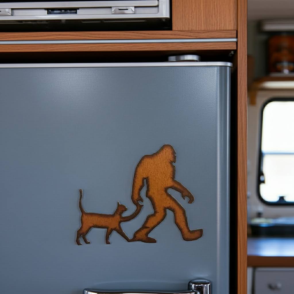 Universal Ironworks USA Bigfoot with Cat Rustic Metal Magnet