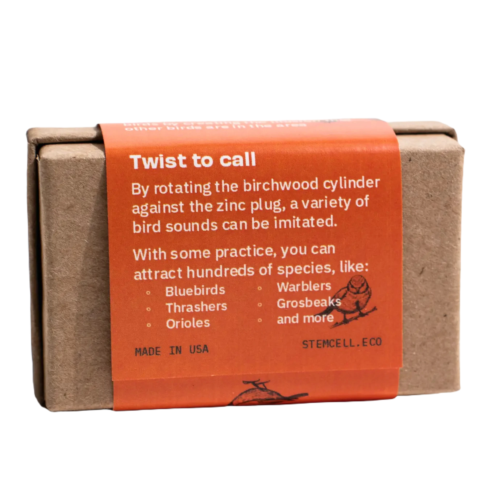 A cardboard box with an orange label featuring bird illustrations and the text "Stemcell Science Shop - Audubon Bird Call (Restock September 2024)" on a white background, contains a rosin capsule designed to imitate and attract birds.