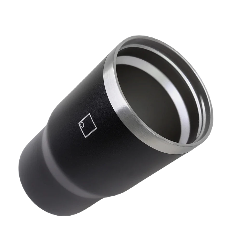 A black Sophos 14oz Vacuum Mug, constructed from stainless steel with double-wall technology for optimal insulation, features a small square logo in the center and a lid, set against a white background.
