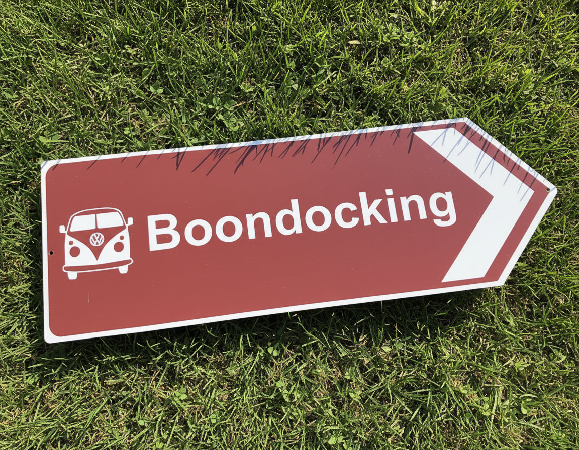 Directional sign pointing to 'Boondocking' with a vintage van icon on a grass background