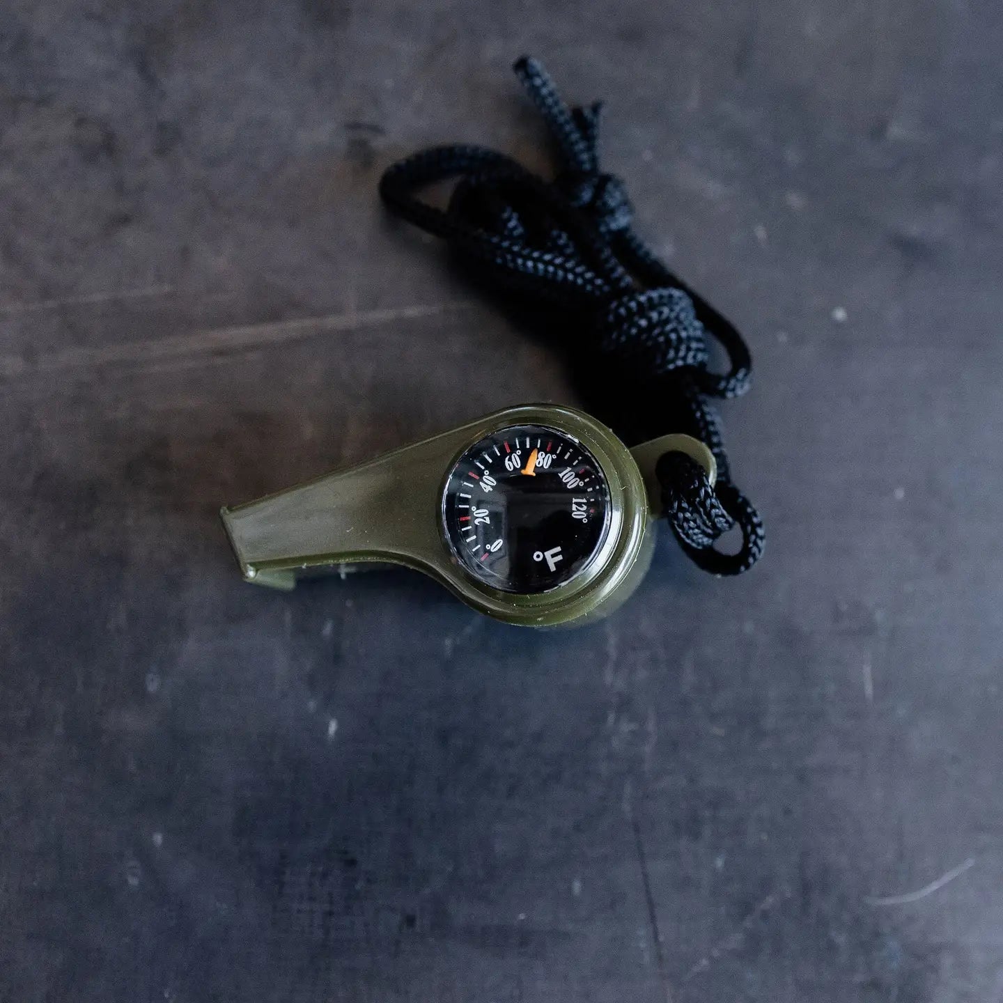 Forager Provisions LTD Bradley Mountain OD green thermoplastic survival whistle with integrated thermometer and lanyard