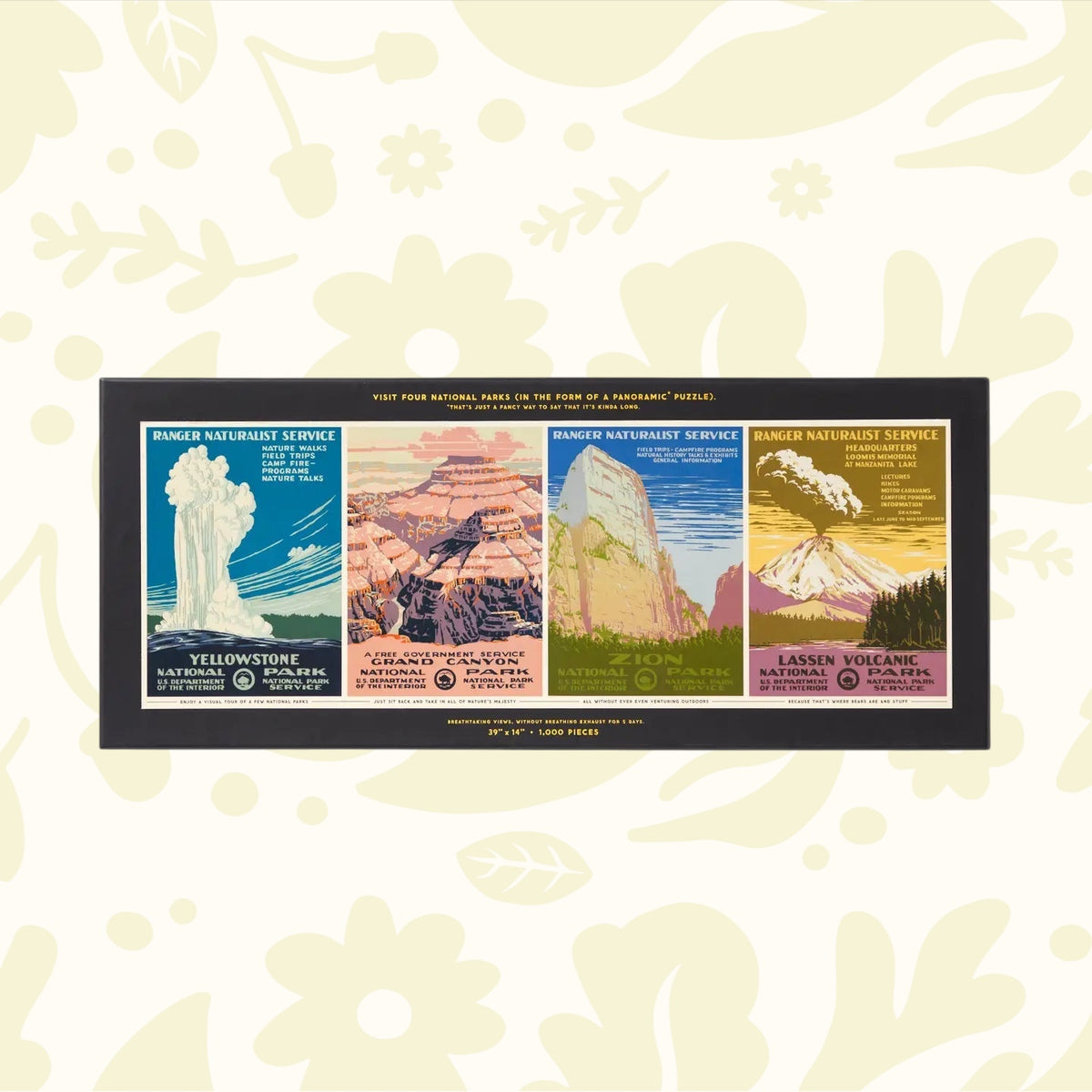 The Brass Monkey 1,000 Piece National Parks Puzzle with vintage art of Yellowstone, Grand Canyon, Zion & Lassen posters.