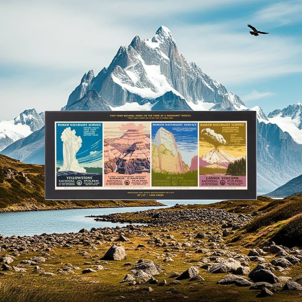 Forager Provisions LTD Brass Monkey panoramic jigsaw puzzle featuring vintage-style illustrations of US National Parks.