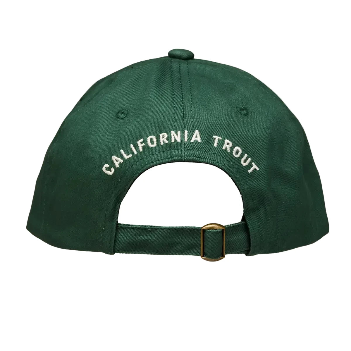 Green Mustard Beetle ball cap featuring Steelhead Trout for Caltrout, CALIFORNIA TROUT text above the back strap, stylish hat.
