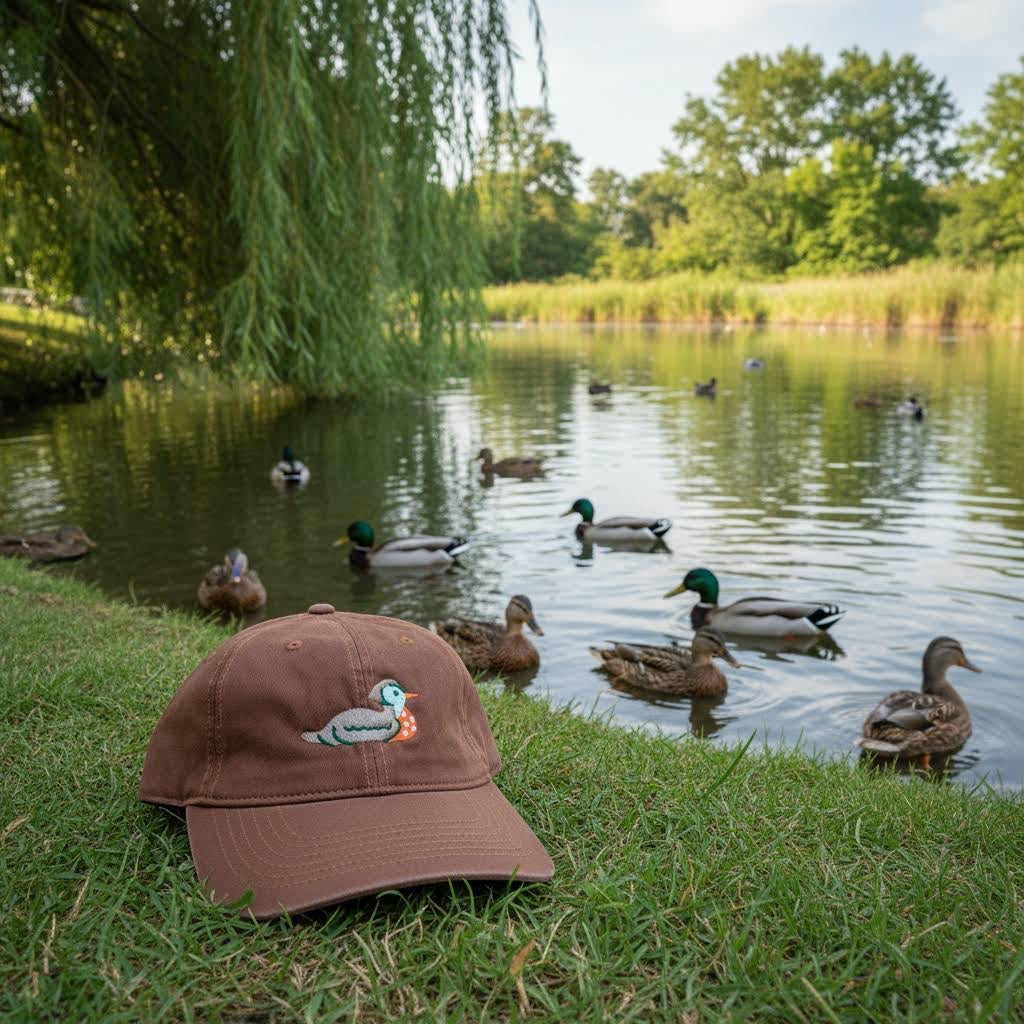 Forager Provisions LTD brown cotton ball cap with a playful embroidered duck design resting on grassy pond bank