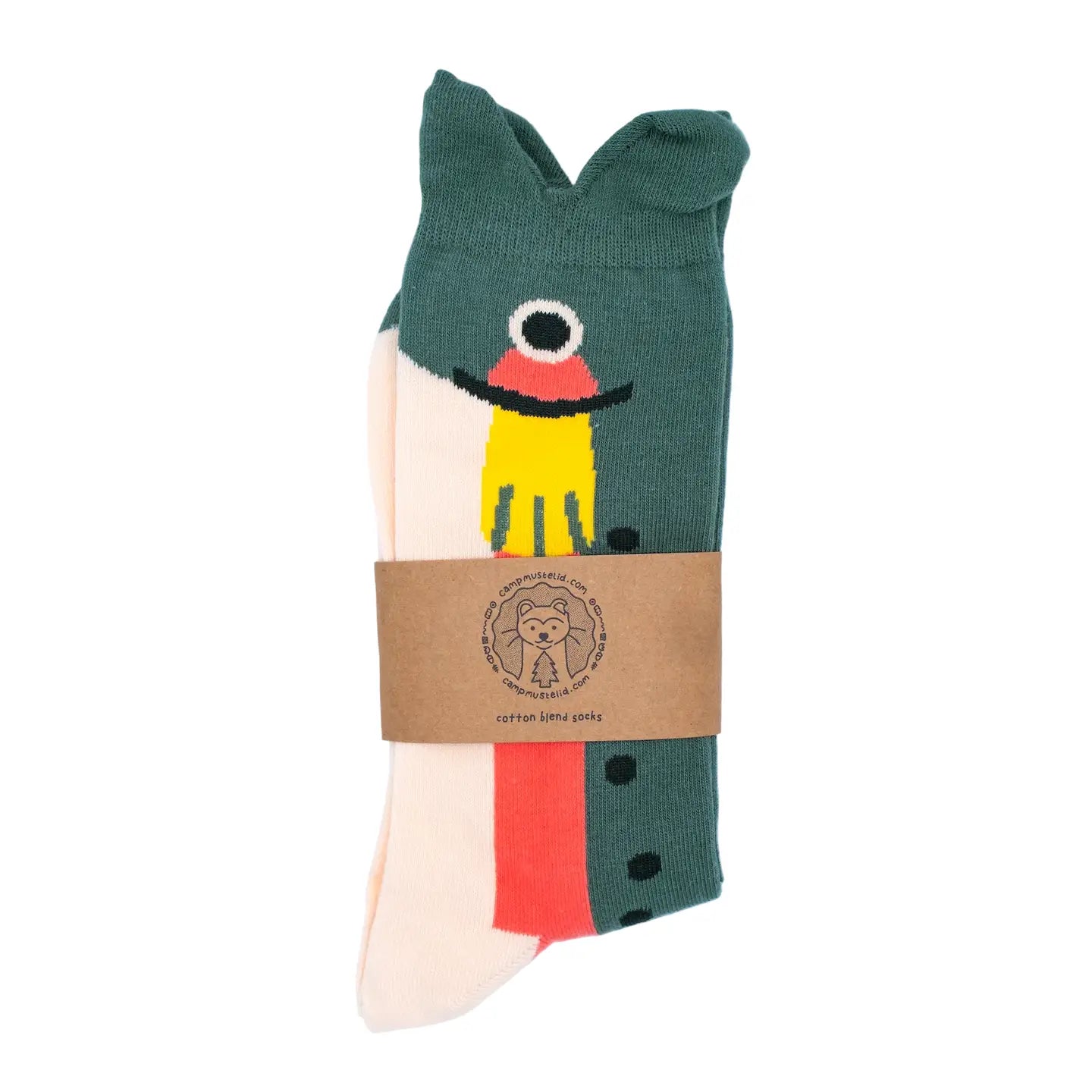 Camp Mustelid Trout Socks with cute cartoon frog print, packaged in eco-friendly brown paper label with logo stamp. Fun gift idea!.