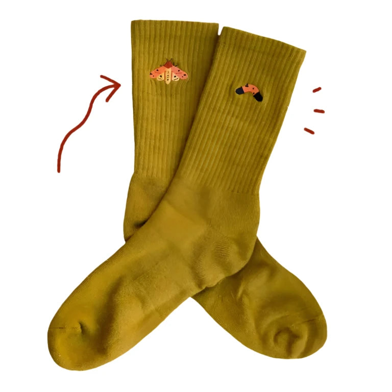 Pair of olive socks with cartoon character design on a beige background