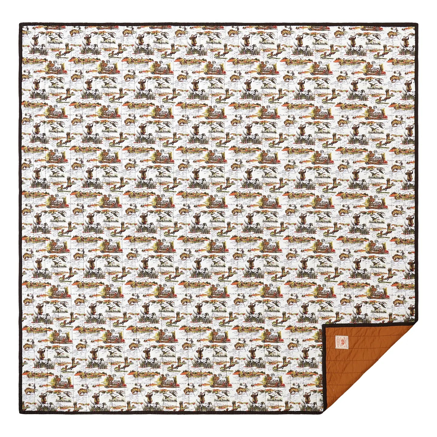 Peking Camp Wandawega Sportsmens Twin Quilt Set 66x86 features animal print pattern, brown border, and solid brown reversible back.