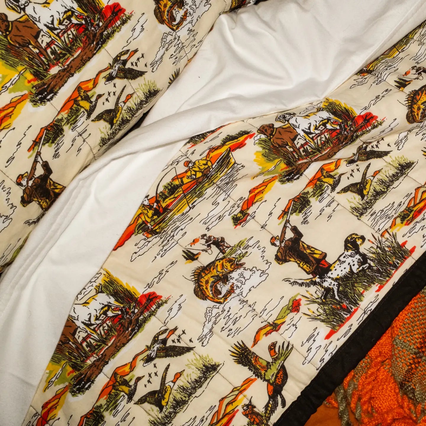 Peking Camp Wandawega Sportsmens Twin Quilt Set with printed hunting scenes, earth tone bedding perfect for rustic cabin decor.