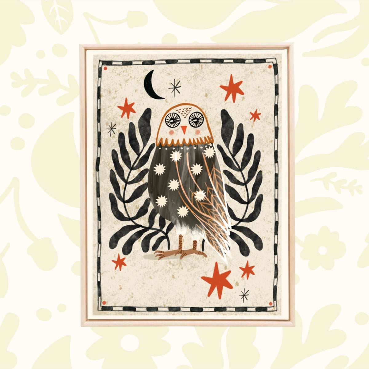 Carole Hillman French Folk Owl A4 print, black leaves, red stars & moon on beige; unique unframed wall art home decor.